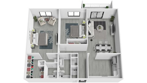 A top-down view of a house layout with a kitchen, living room, and bathroom.